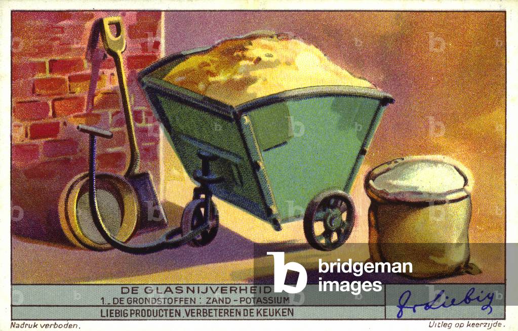 Raw materials for making glass: sand and potash (chromolitho)