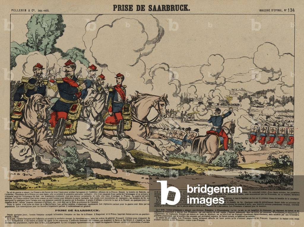 Capture of Saarbrucken by the French, Franco-prussian War, 2 August 1870 (coloured engraving)
