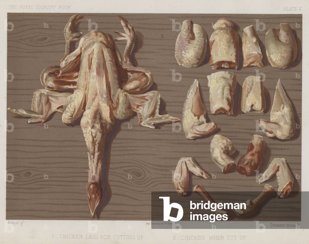 Chicken laid for cutting up, Chicken when cut up (chromolitho)