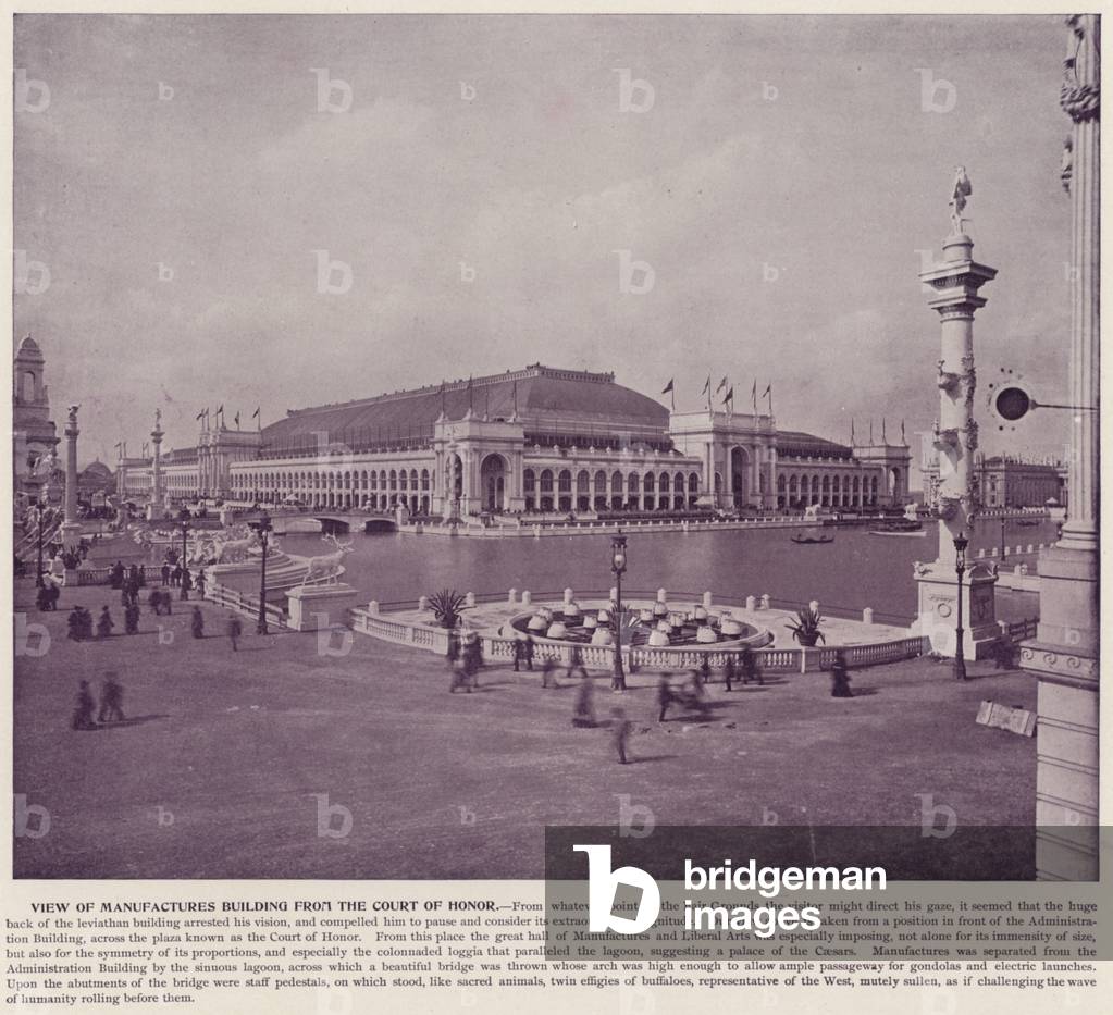 Chicago World's Fair, 1893: View of Manufactures Building from the Court of Honor (b/w photo)