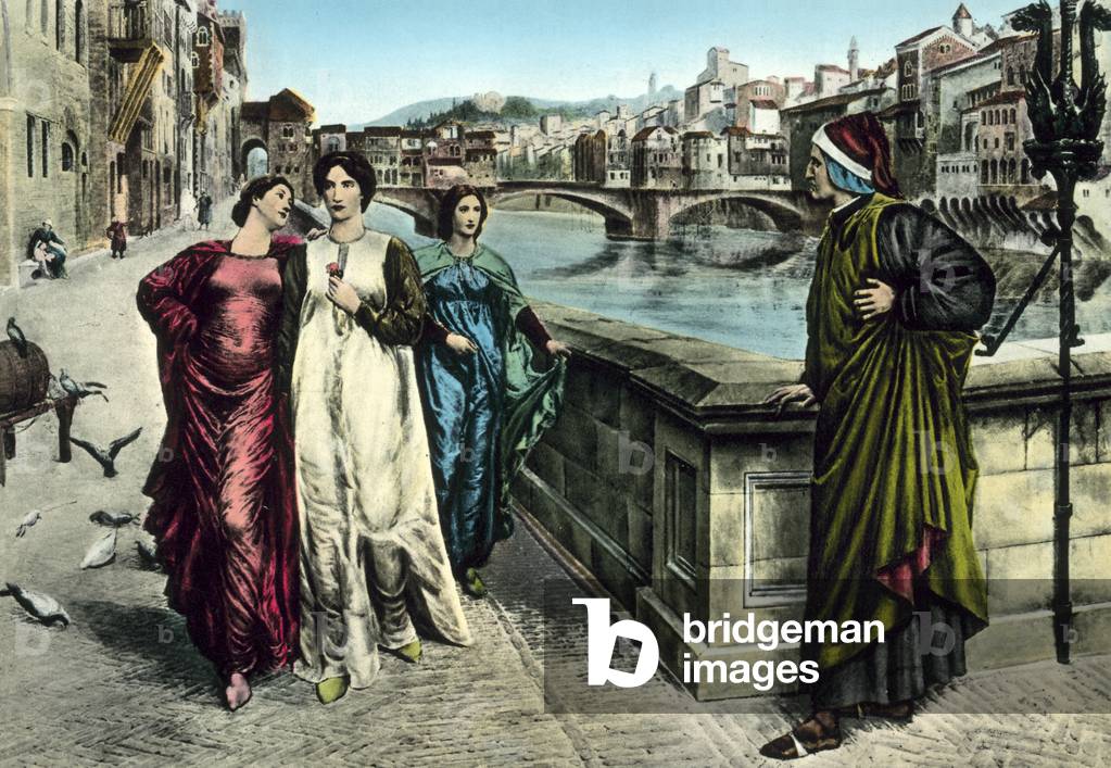 The meeting of Dante and Beatrice (colour litho)