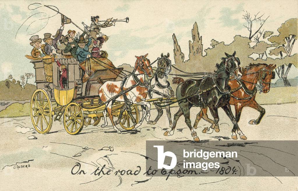 On the road to Epsom (colour litho)