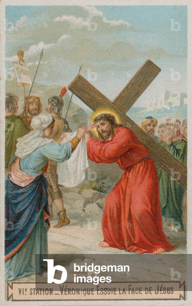 Veronica wipes the face of Jesus. The sixth Station of the Cross (chromolitho)