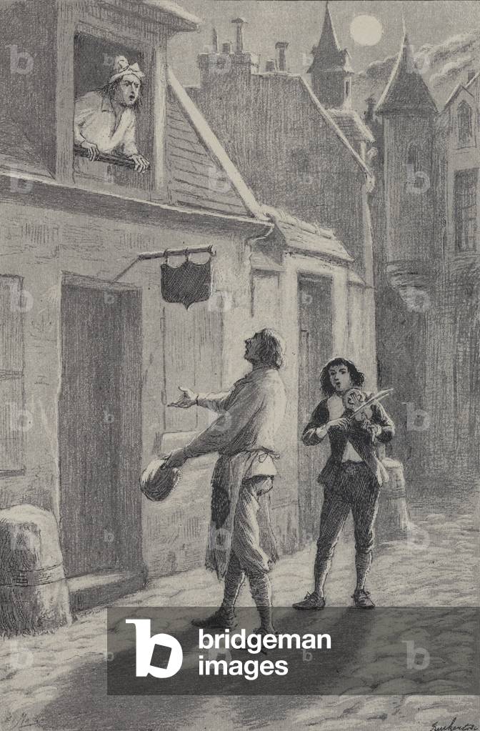 Singer and violinist performing the song Au Clair de la Lune in a street beneath a window (engraving)