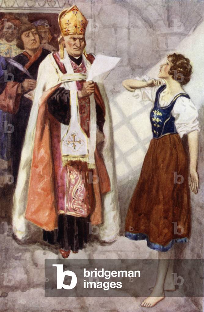 Joan Of Arc faces her enemies in the prison cell (colour litho)