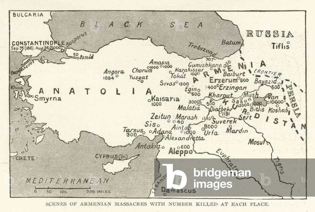 Scenes of Armenian massacres with number killed at each place (engraving)