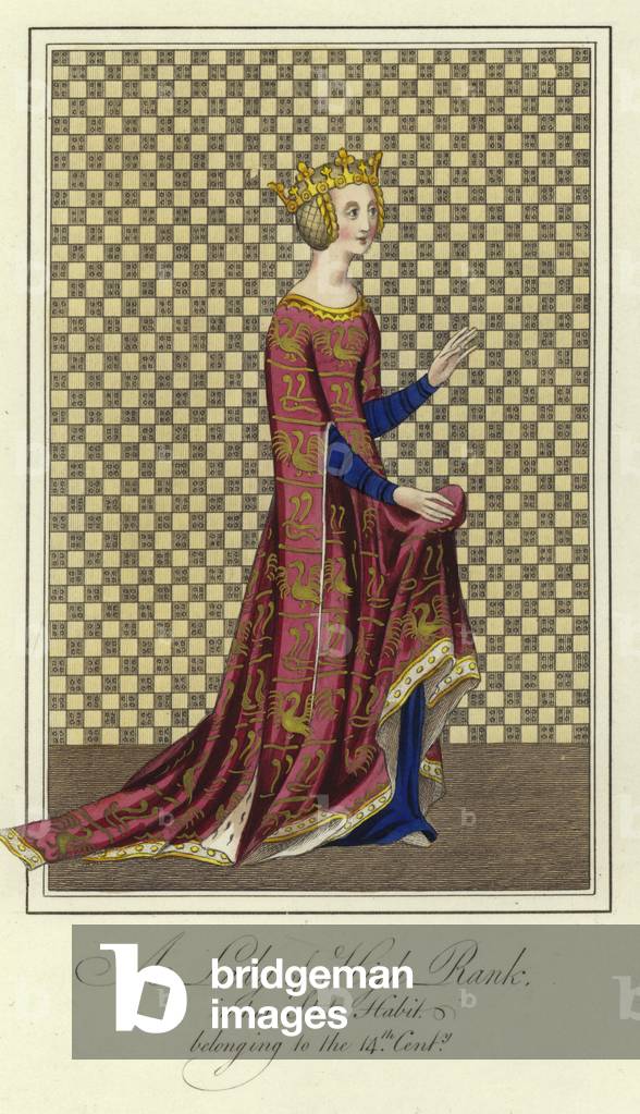 A lady of high rank in her state habit of the 14th Century (coloured engraving)
