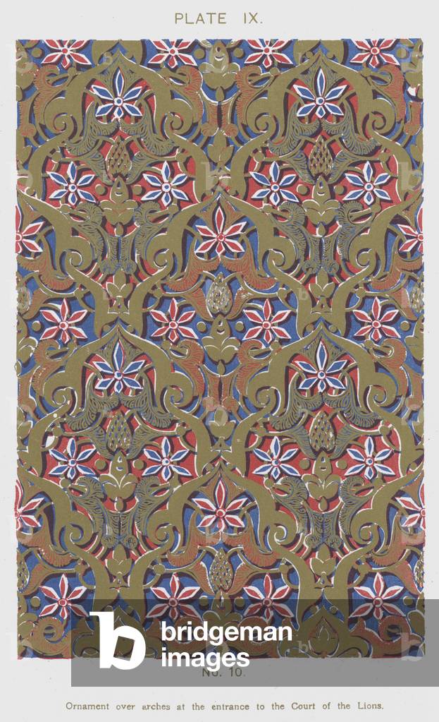 Ornament over arches at the entrance to the Court of the Lions (colour litho)