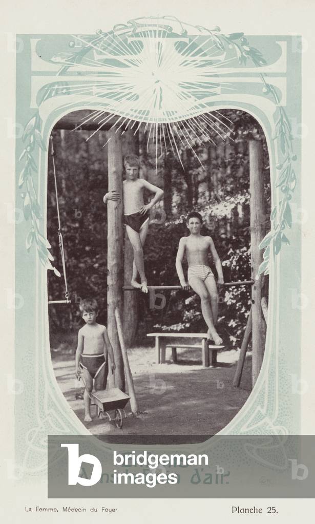 Children benefiting from fresh air (b/w photo)