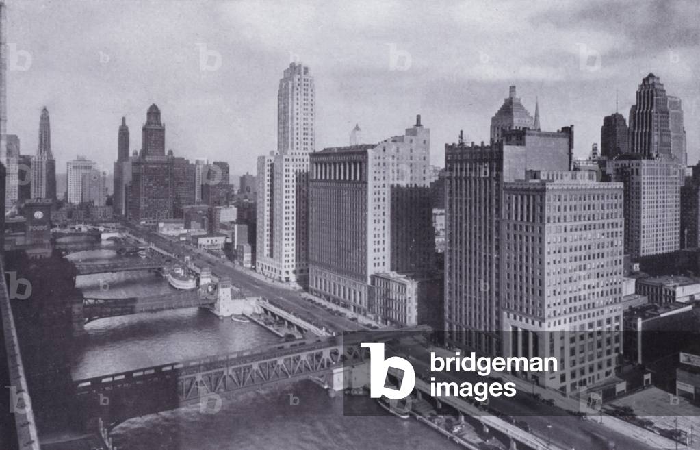 Chicago: Wacker Drive and Chicago River Bridges (b/w photo)