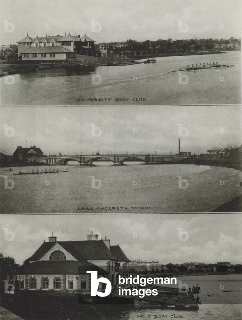 Harvard University: University Boat Club, Larz Anderson Bridge, Weld Boat Club (b/w photo)
