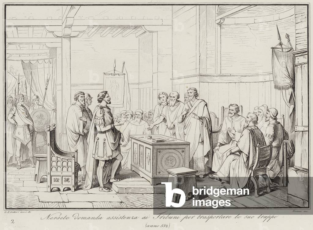 Nersete domanda assistenza ai Tribuni per trasportare le sue truppe, 552 (engraving)