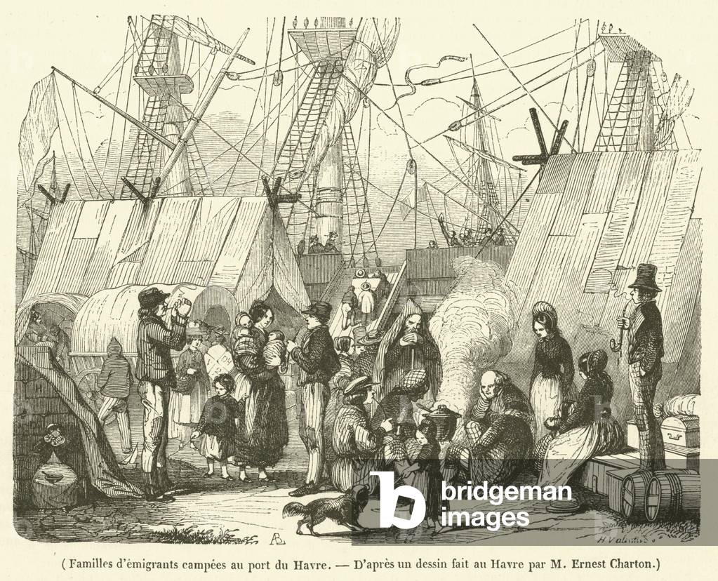 Familles d'emigrants campees au port du Havre (engraving)