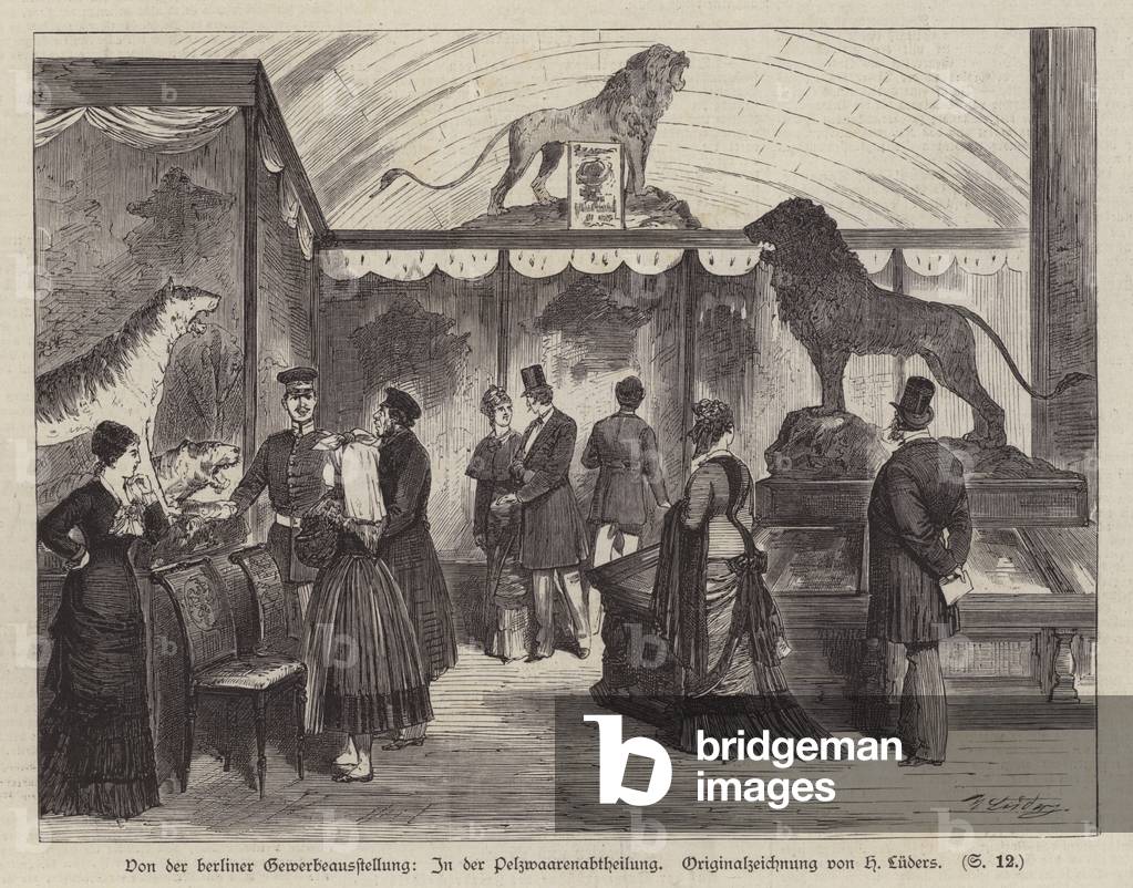 Fur goods section at the Berlin Exhibition Of Trade And Industry, Germany, 1879 (engraving)