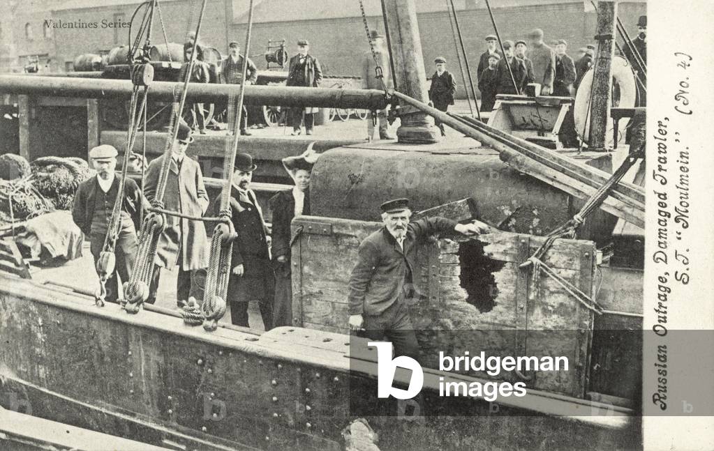 Russian Outrage, Damaged Trawler (b/w photo)
