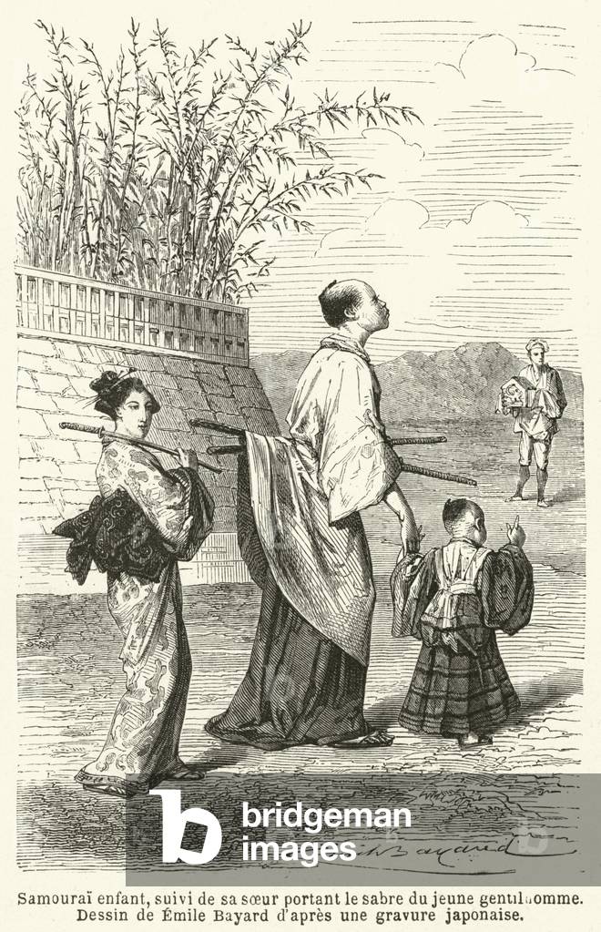 Samourai enfant, suivi de sa soeur portant le sabre du jeune gentilhomme (engraving)