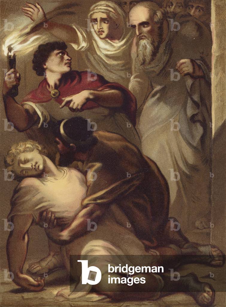 The fall of Eutychus from the window (chromolitho)