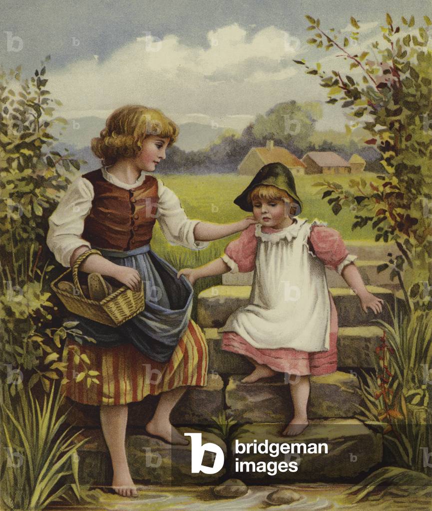 A girl helping a little girl down the steps to a stream (chromolitho)