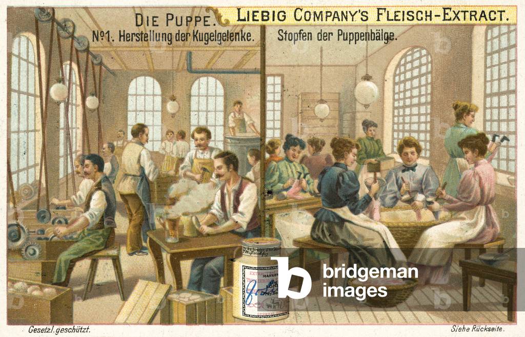 Making dolls: manufacturing ball joints and stuffing (chromolitho)