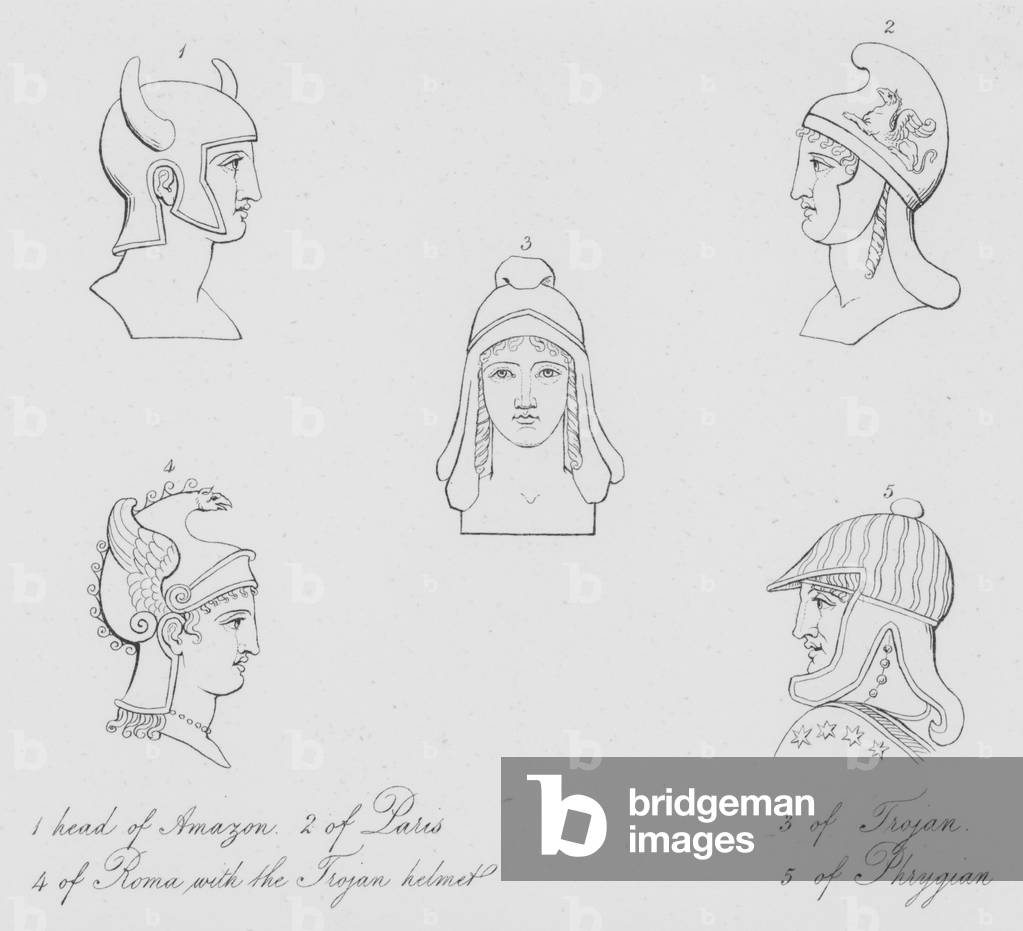 Heads of Amazon, Paris, Trojan, Roma with the Trojan helmet and Phrygian (engraving)