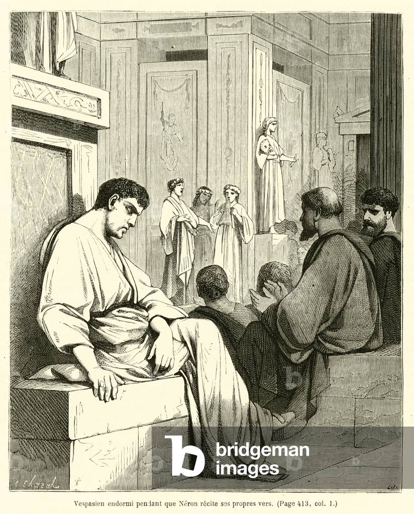 Vespasien sleeping with Nero claims his own verses (engraving)