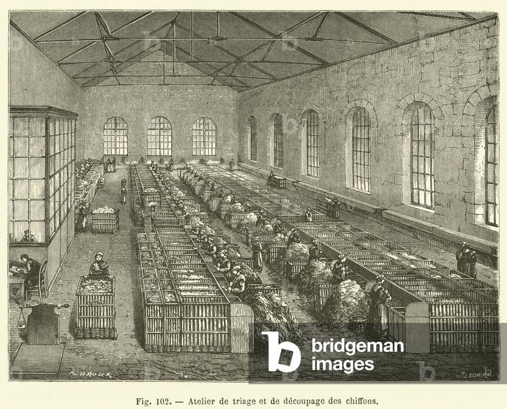Atelier de triage et de decoupage des chiffons (engraving)