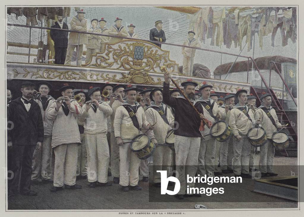 Fifes and drums on board the school ship Bretagne (colour photo)