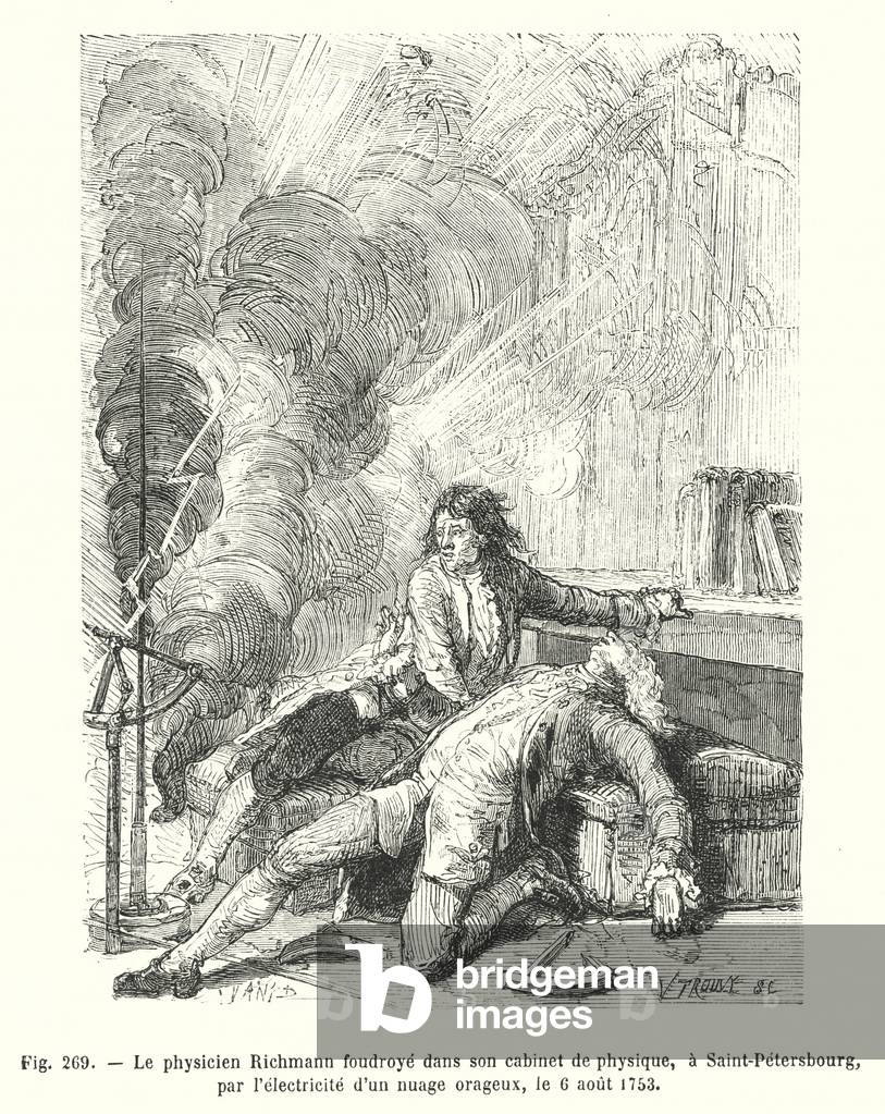 Le physicien Richmann foudroye dans son cabinet de physique, a Saint-Petersbourg par l'electricite d'un nuage orageux, le 6 aout 1753 (engraving)
