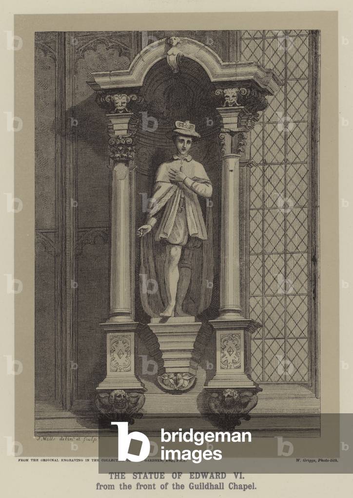 Statue of King Edward VI from the front of Guildhall Chapel, City of London (litho)