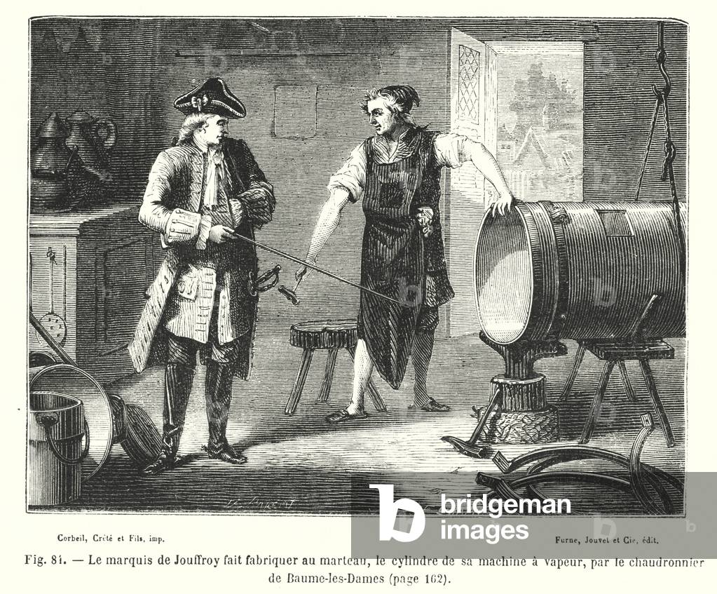 Le marquis de Jouffroy fait fabriquer au marteau, le cylindre de sa machine a vapeur, par le chaudronnier de Baume-les-Dames (engraving)