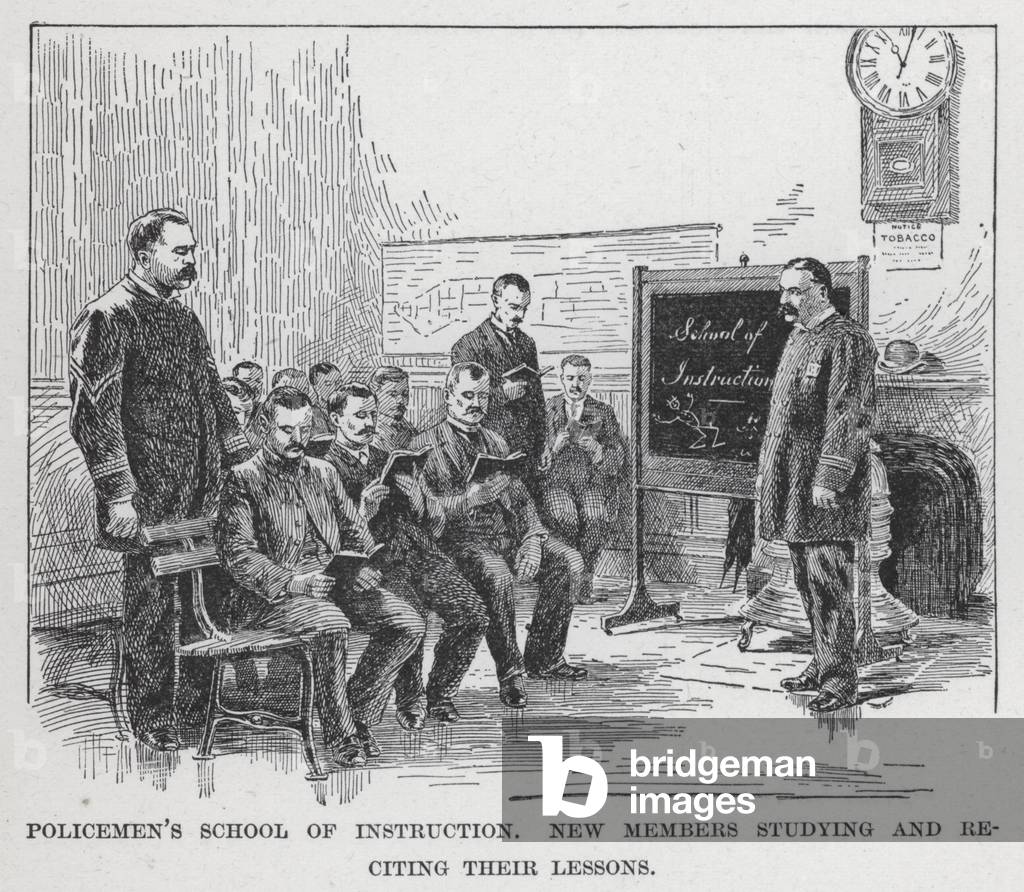 Policemen's School of Instruction, New Members studying and reciting their Lessons (litho)