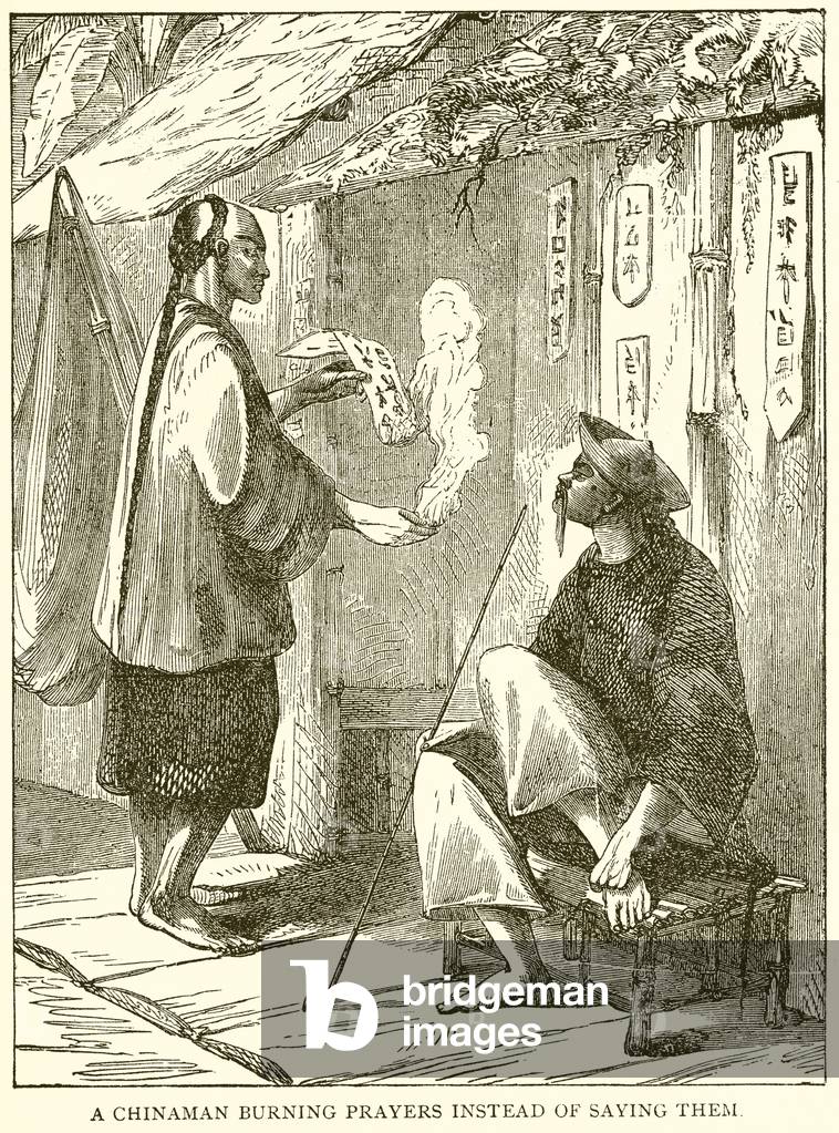 A Chinaman burning prayers instead of saving them (engraving)