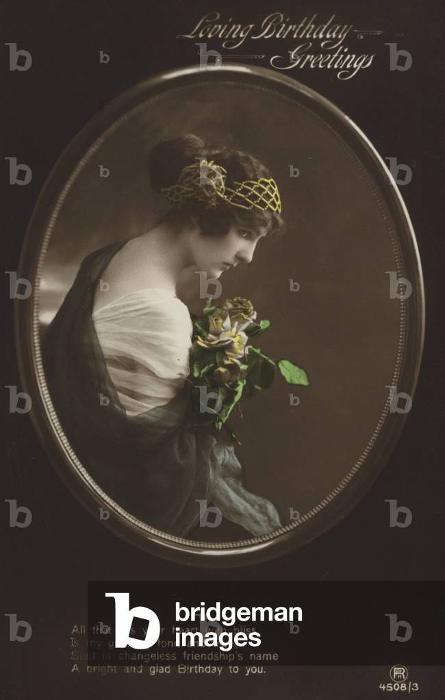 Birthday card with a woman holding a bouquet (colour photo)