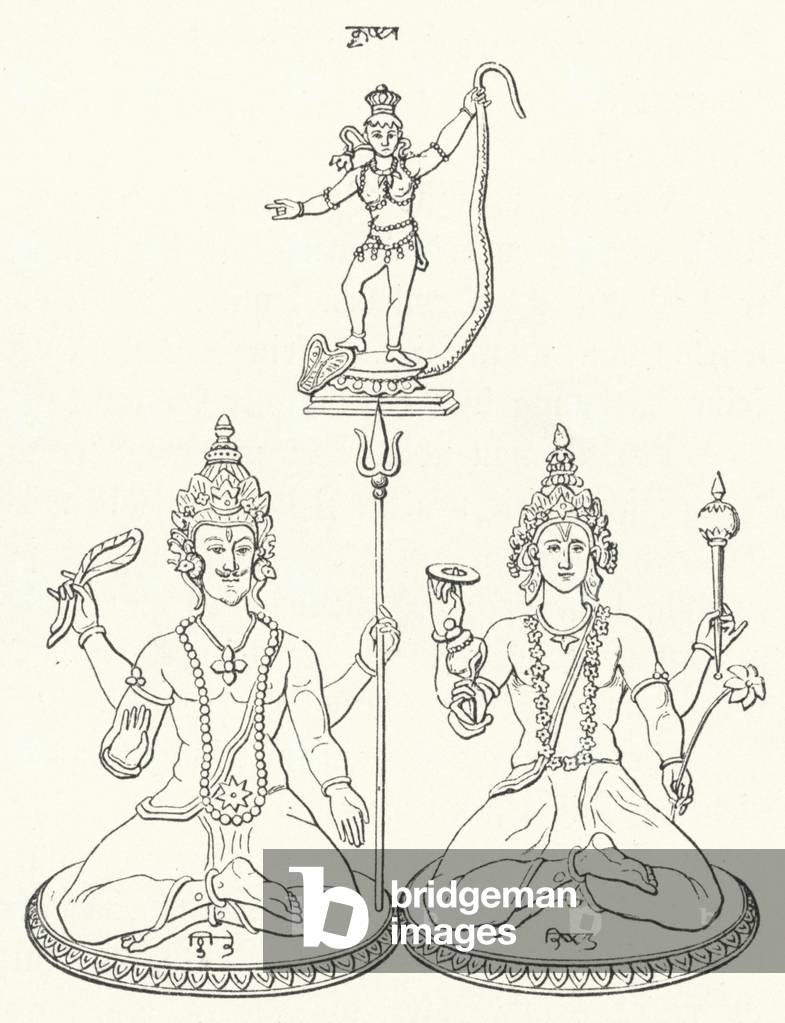 Shiva, Vishnu and Krishna, Hindu gods (engraving)