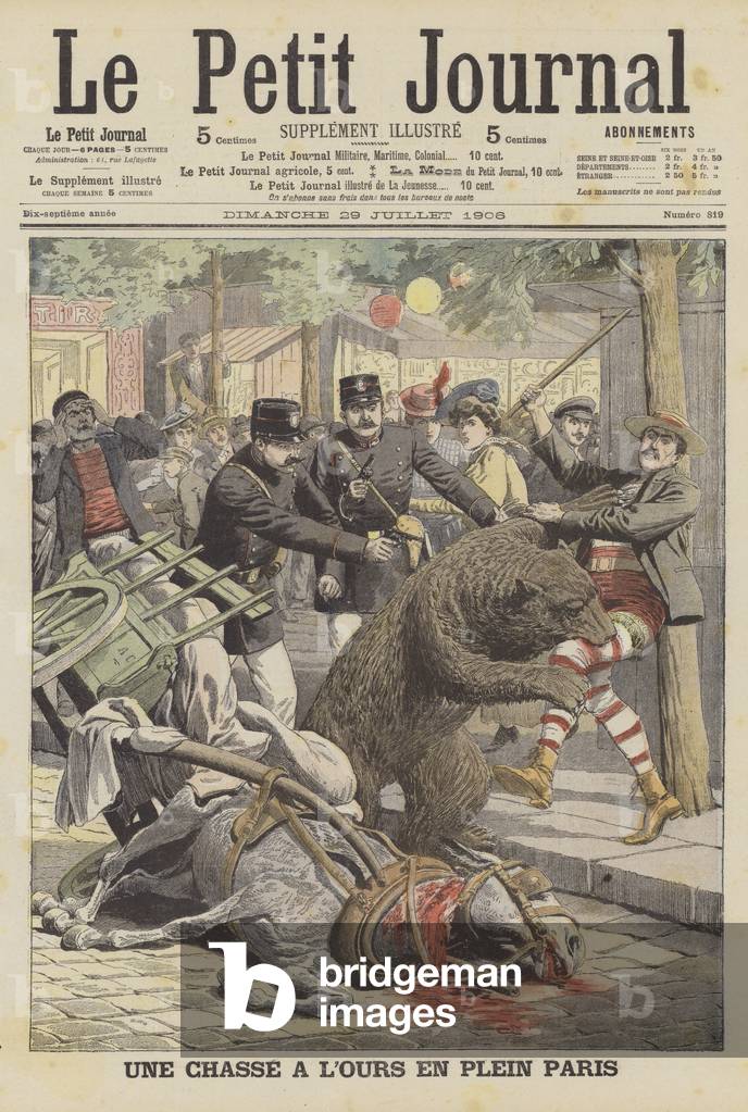 A bear hunt in the middle of Paris (colour litho)