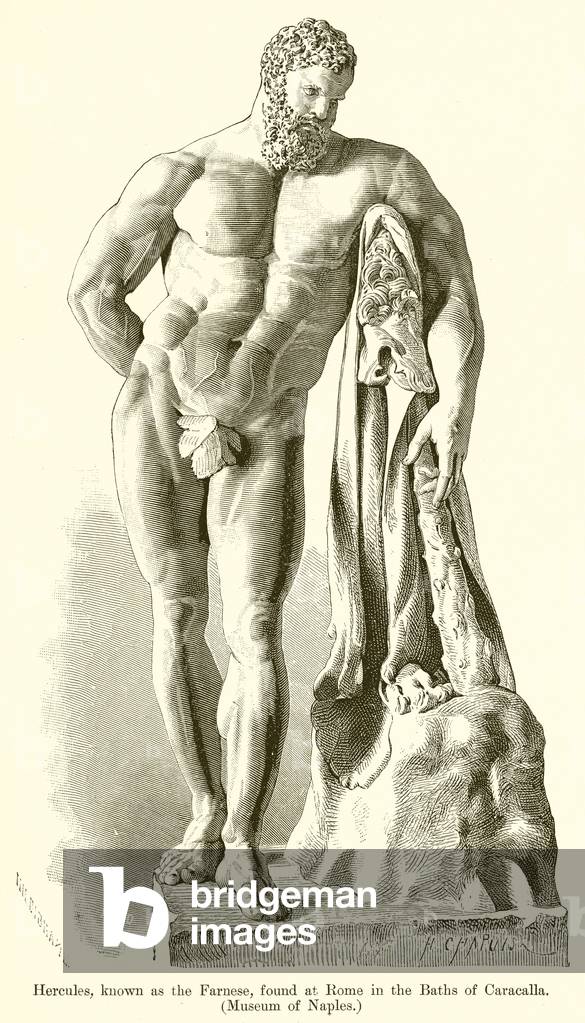 Hercules, Known as the Farnese, found at Rome in the Baths of Caracalla. (Museum of Neples) (engraving)