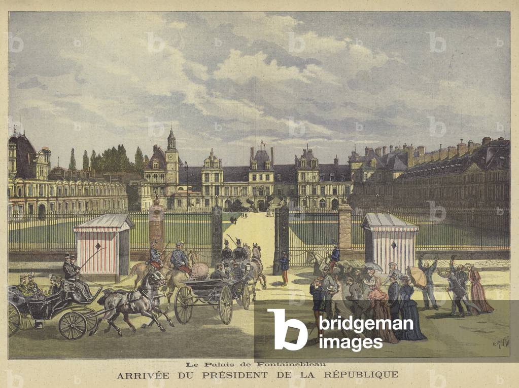 Arrival of the President of France at the Palais de Fontainebleau (colour litho)
