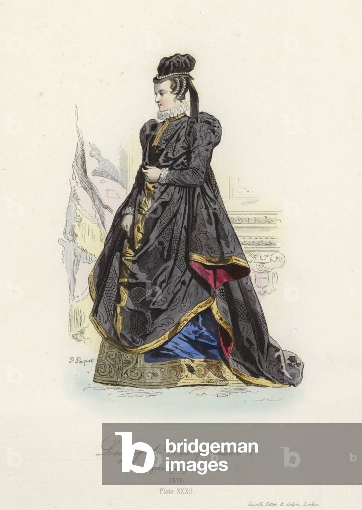 Lady of the court of Charles IX of France (coloured engraving)