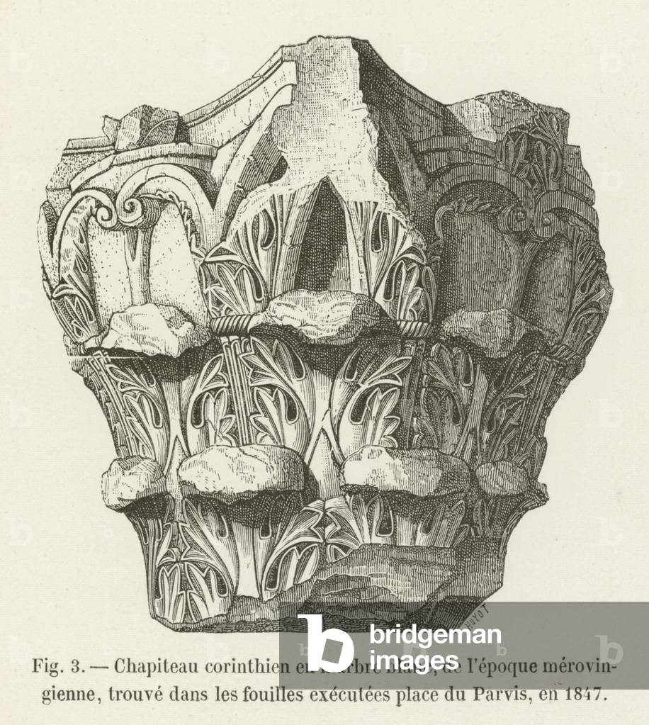 Chapiteau corinthien en marbre blanc, de l'epoque merovingienne, trouve dans les fouilles executees place du Parvis, en 1847 (engraving)