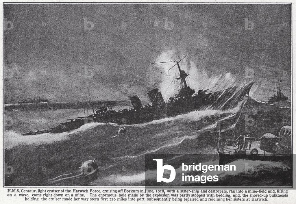HMS Centaur, British light cruiser which struck a mine off Borkum, Netherlands, World War I, June 1918 (litho)