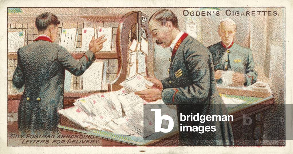 City Postman arranging Letters for Delivery (chromolitho)