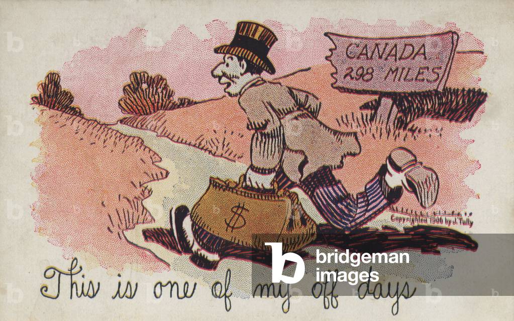Man running away to Canada (colour litho)