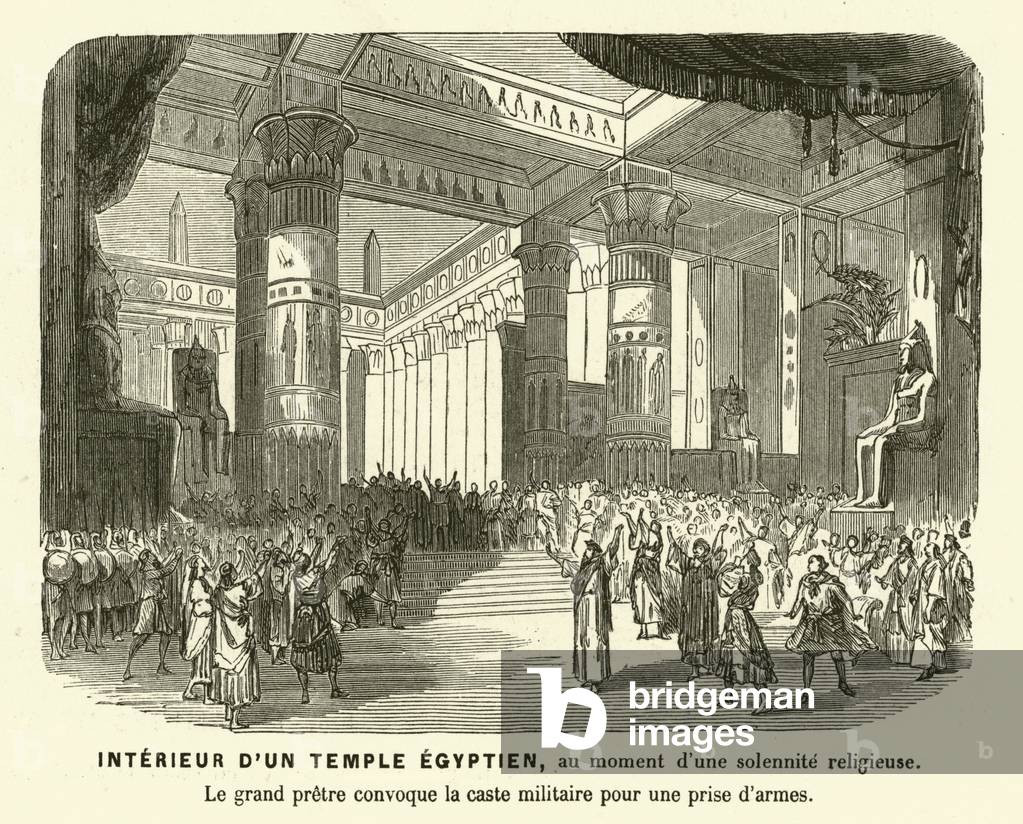Interior of an Ancient Egyptian temple during a service (engraving)