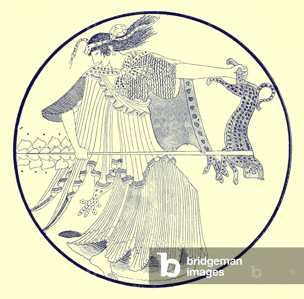 Maenad, illustration from 'Greek Vase Paintings' by J. E. Harrison and D. S. MacColl, published 1894 (digitaly enhanced image)