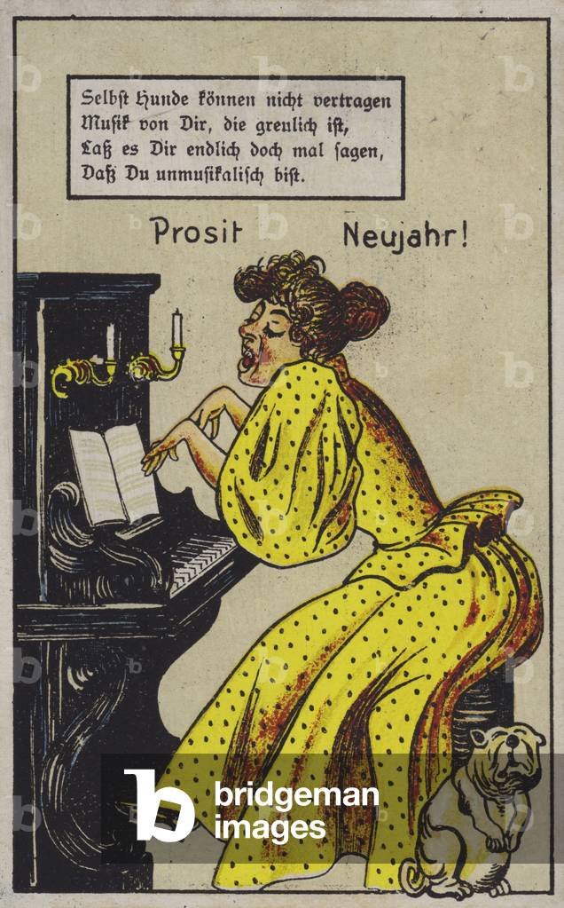Woman playing the piano in a highly expressive way, to the disquiet of a dog (colour litho)