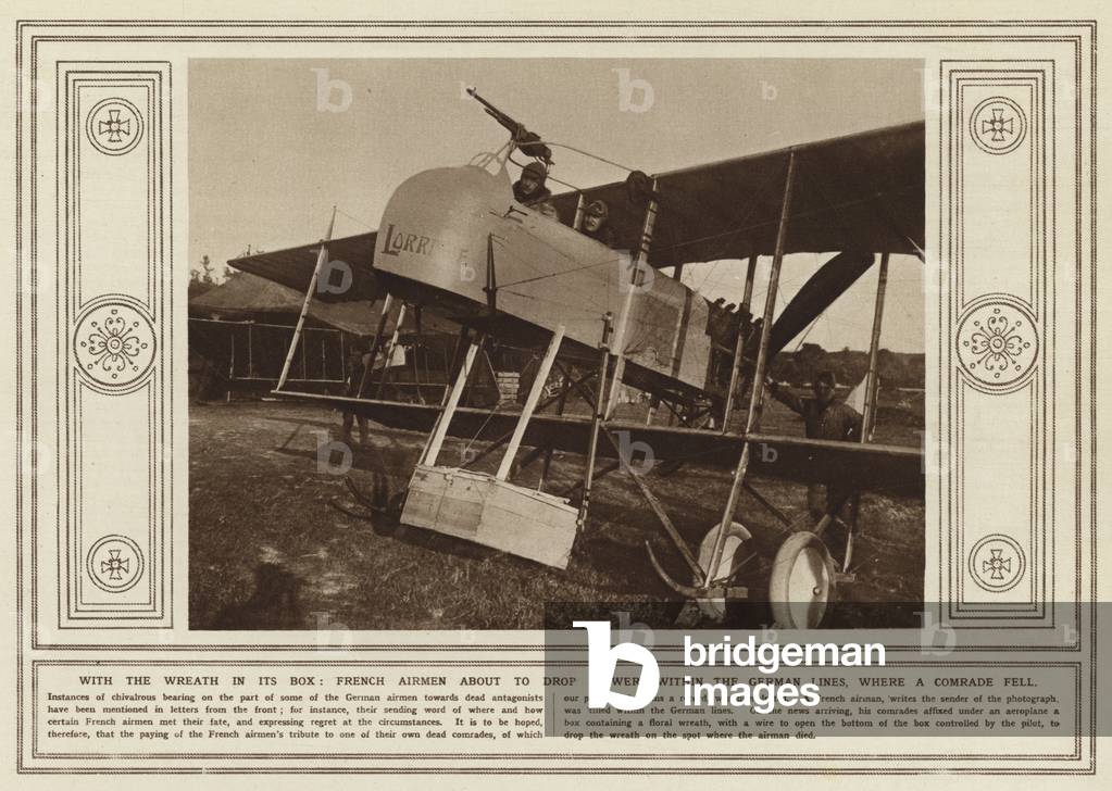With the wreath in its box, French airmen about to drop flowers within the German lines, where a comrade fell (b/w photo)