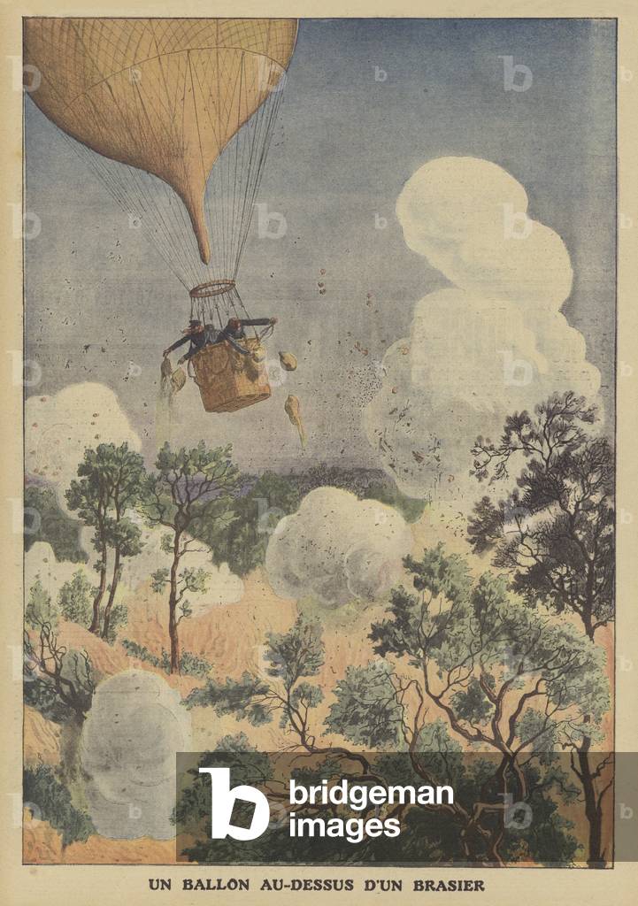 A balloon flying above a forest fire in Germany (colour litho)