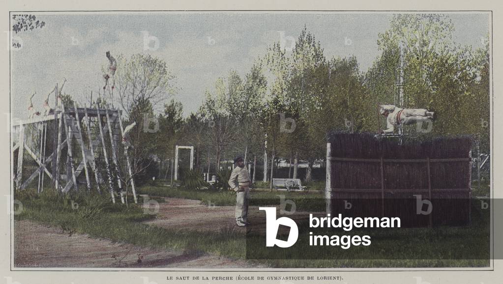 Sailors doing the pole vault at the Ecole de Gymnastique de Lorient, France (colour photo)