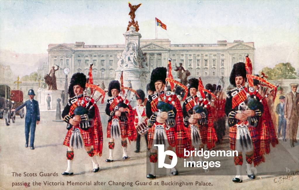 The Scots Guards, Victoria Memorial, Buckingham Palace (colour litho)