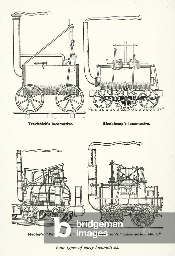 Four types of early locomotives (litho)